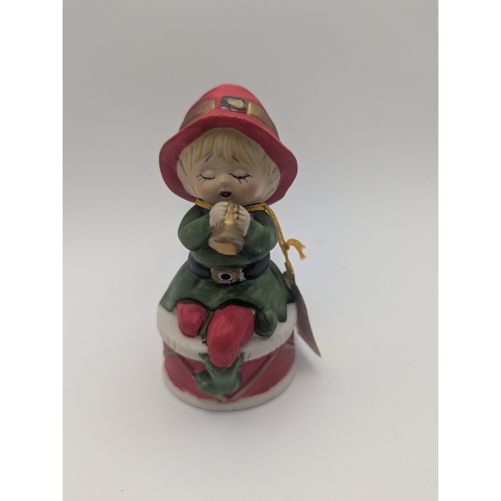 Vtg 1978 Jasco Merri-Bells Bisque Porcelain Bell Figurine Elf on‎ Drum 4.5" Tall